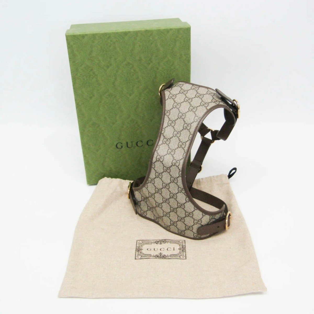 Gucci Auth GG Supreme 692964 Dog Harness PVC Leather Beige Dark Brown Used View 2