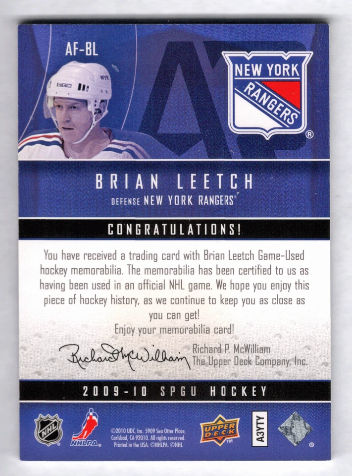 2009-10 SP Game-Used Patch Brian Leetch #/35 New York Rangers Authentic Fabrics - Image 2 of 2