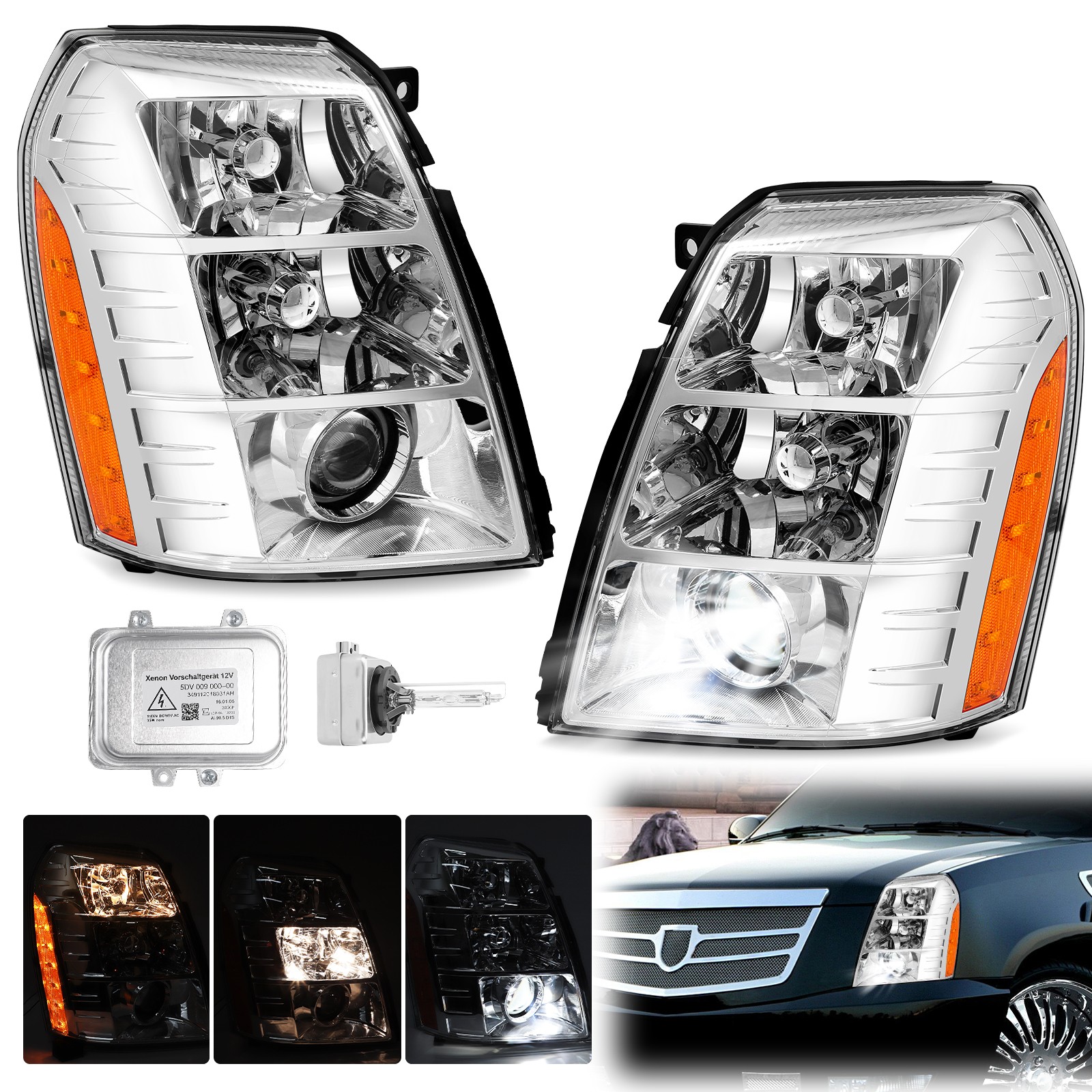 Chrome Amber Xenon Headlights w/Bulbs&ballast For 2007-2014 Cadillac Escalade