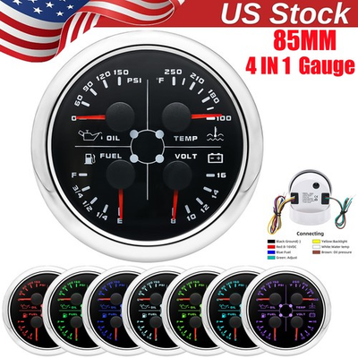 #ad 4 IN 1 Gauge 85mm Fuel Level Water Temp ℉ Oil Pressure PSI Voltmeter for Boat US $45.70