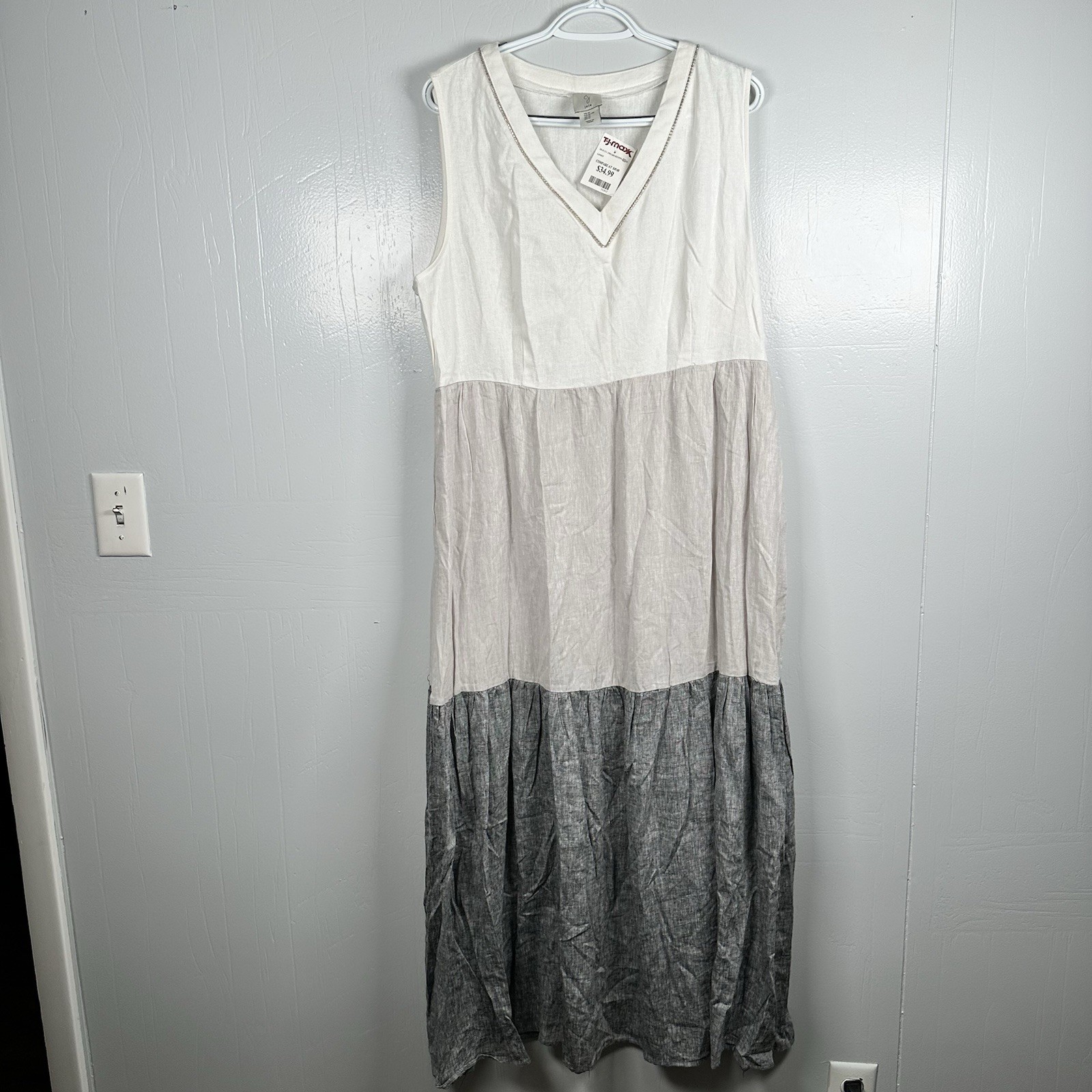 Joie White Gray Sleeveless Linen Blend Pockets Tiered Boho Maxi Dress Women's XL
