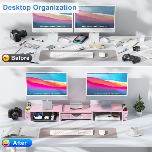 Dual Monitor Stand Riser, Desk Organizer With Drawer and 2 Pen Holders,Desk O... - Picture 2 of 7