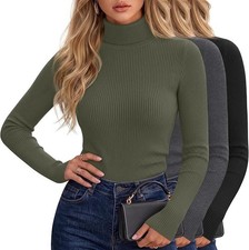 Velvelhall Women's Ribbed Turtleneck Tops Long Sleeve Shirts Mock Turtle 3PK-M