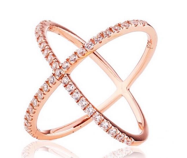 Rose Gold Plated X Ring Geometric Criss Cross CZ Cubic Zirconia Size 6