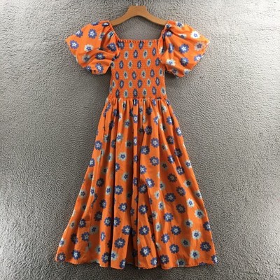 Cider Maxi Dress Womens Small Orange Blue Floral Puff Sleeve Smocked  Pullover | eBay