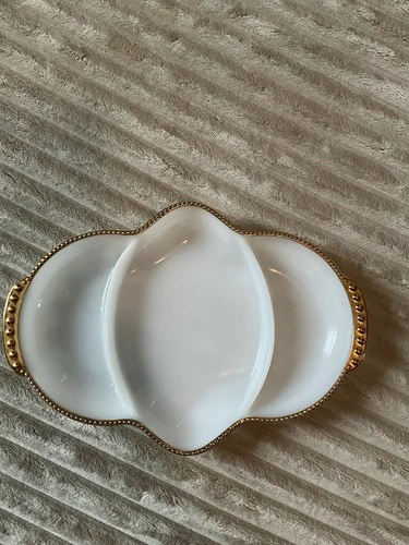 Anchor Hocking FIRE KING White Milk Glass Gold Trim Divided Relish Dish Vintage