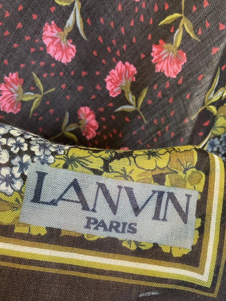 Y6# Lanvin Paris Vintage Bufanda Floral Marrón Verde Rojo Borde Ligero Transparente Foto 2 de 4