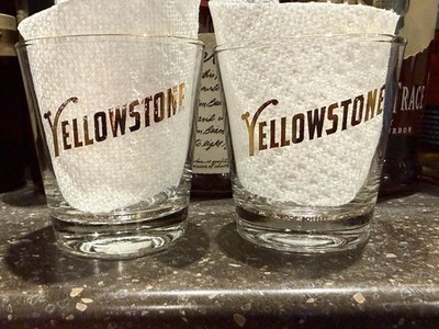 Pair Vtg Yellowstone Distilleries Bourbon Whiskey Rocks Glass Kentucky Cocktail!