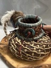 Beautiful Hand Made Pine Needle Basket With Feathers And Turquoise Accents 4 In
