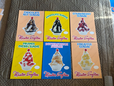 6 Mister Softee Ice Cream Sundae Signs cherry, Choc, Butterscotch 7 x 5 1/2 
