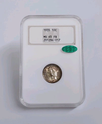 1935-P NGC MS65 FB CAC Mercury Dime Full Bands Old Fatty Holder GEM