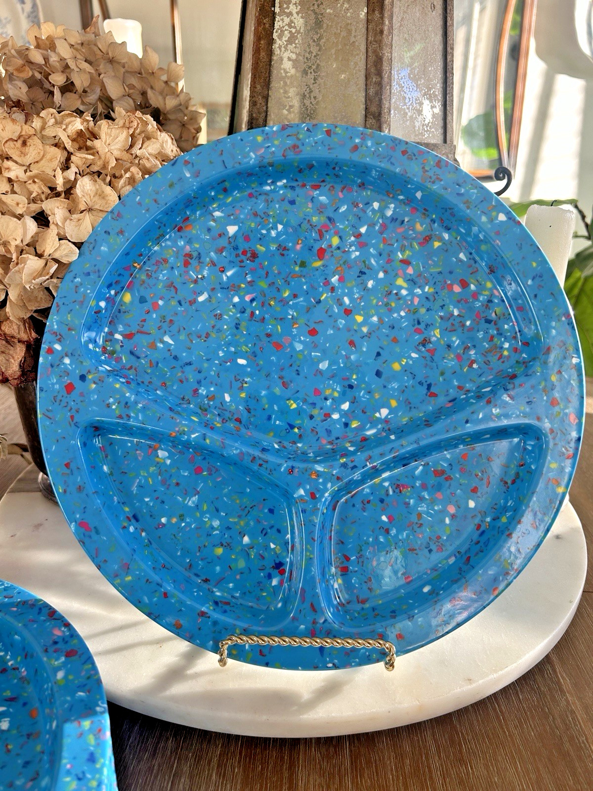 Vintage BLUE Zak Confetti Melamine Divided DINNER Plate 3 Se