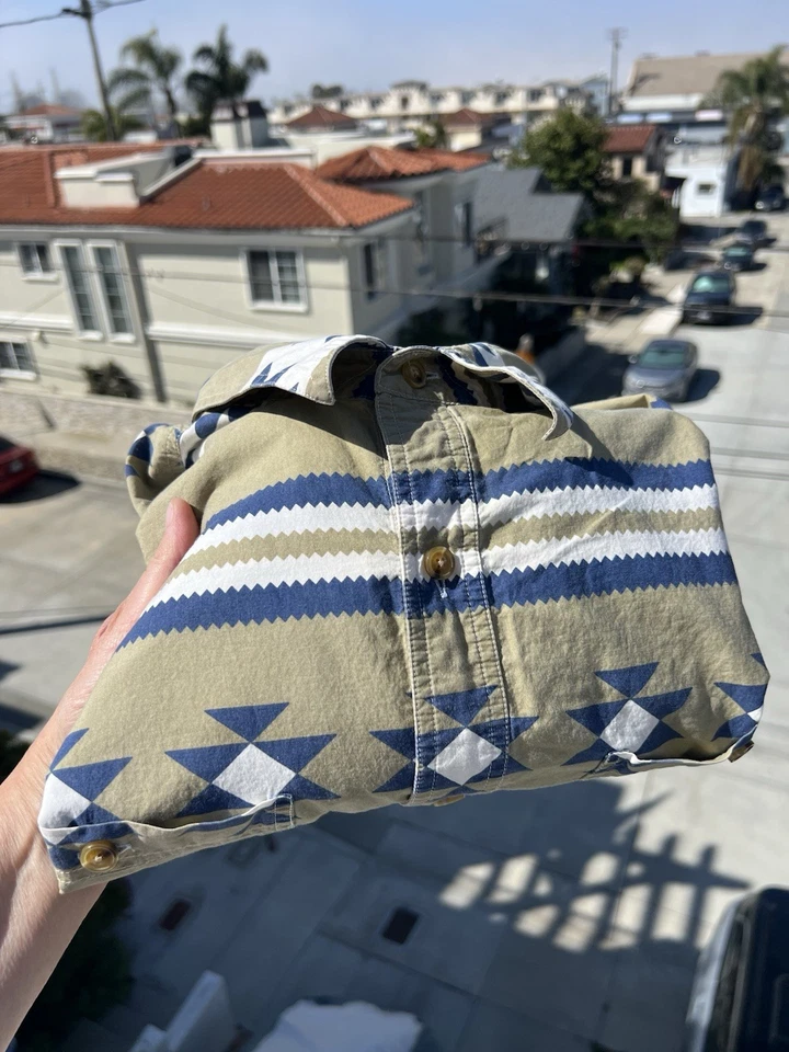Camisa de campamento vintage años 90 Orvis caqui azul azteca SS talla XL pesca al aire libre gorpcore Foto 3 de 4