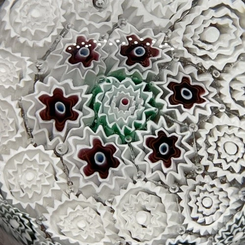 Murano Glass Millefiori Paperweight Vtg 3” White Maroon Green + Aventurine Gift