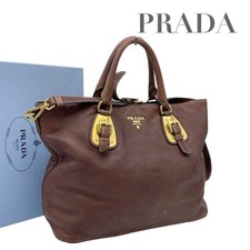 Prada Brown 2WAY Tote Bag Shoulder Bag Soft Calf Letaher Logo Used