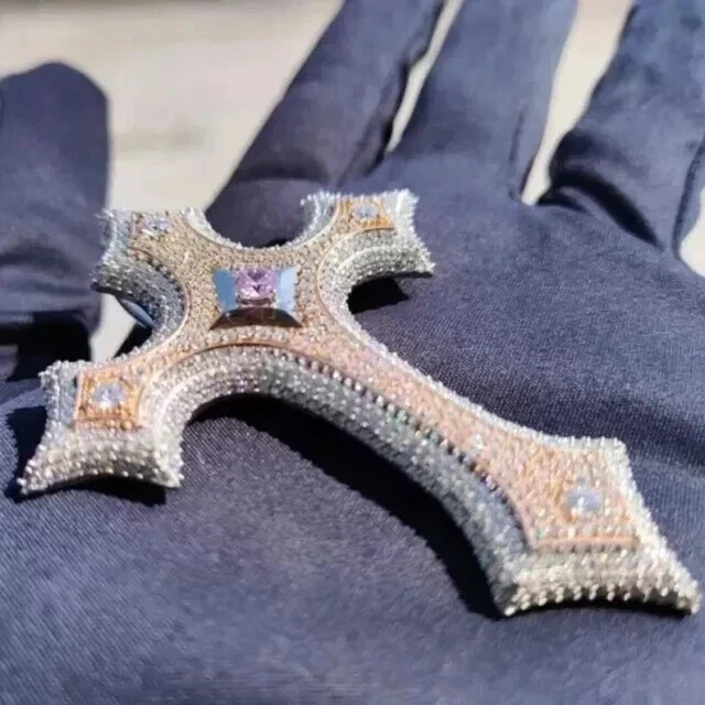 FINE 14k Tow Tone Gold Plated Men's 3Ct Round Cut Moissanite Cross Charm Pendant - Image 2 of 4