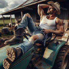 Male Model Photo Print Muscular Handsome Jock Cowboy Hunk Abs -U577