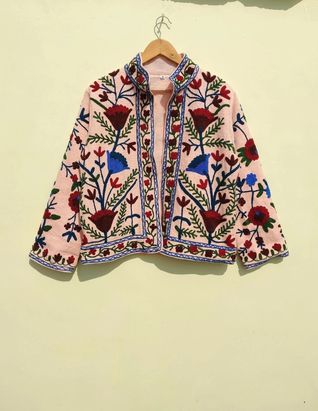 Indian Handmade Peach Suzani Floral Cotton Unisex Jacket Womens Clothing Jackets