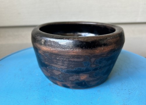 Vintage Black Brown Tone Brutalist Primitive Art Pottery Dish Bowl 5" Signed