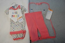 Baby Girls 7 PC GIFT SET Shirt Pants Bib Hat GIRL POWER Gray Coral Heart 6-9 MO