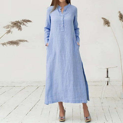 Cotton Linen Women Retro Button-Up Maxi Long Kaftan Side Slit Casual Shirt Dress - Picture 20 of 26