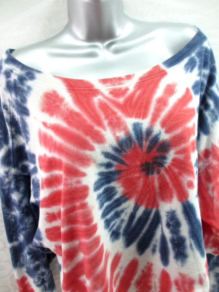 Sudadera holgada para mujer S Tie Dye roja blanca azul corta antigua azul marino cuello ancho Foto 2 de 4