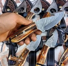LOT OF 10 HANDMADE 6IN DAMASCUS STEEL HUNTING SKINNER KNIFE STAG/ANTLER HANDLE