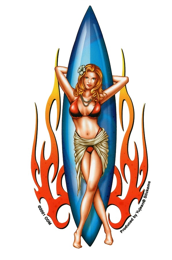 REDHEAD Bikini SURFER Pinup Girl FLAMING SURFBOARD Vinyl STICKER