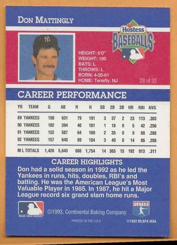 1993 Hostess Don Mattingly New York Yankees 28 - Picture 2 of 2