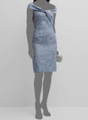 $510 Rickie Freeman Women's Blue Twist-Front Metallic Jacquard Sheath Dress 8