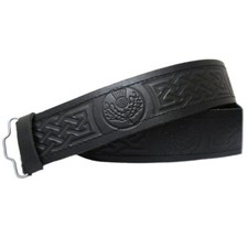 Black Leather Embossed Kilt Belt Adjustable Sizes For Highland Kilts Plain