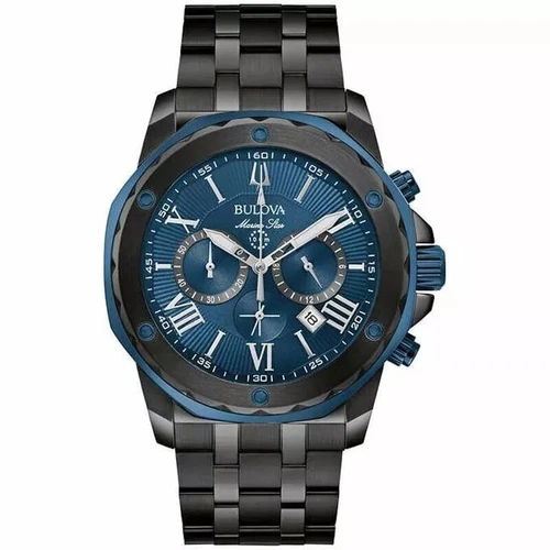 Bulova Men's Marine Star Chronograph Date Quartz Black Blue Watch 44MM 98B410
