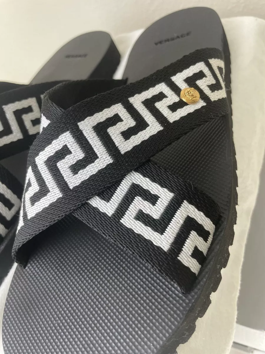 VERSACE BLACK NASTRO GRECA FLIP FLOPS SANDALS SHOES 44 US 10.5