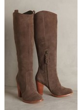 Joie Womens Gray Pull Tab Dagny Round Toe Block Heel Leather Heeled Boots 35.5