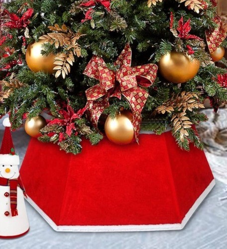 Red Velvet Christmas Tree Skirt Collar Ring Stand Cover 26in Soft Fabric Folding - Bild 8 von 9