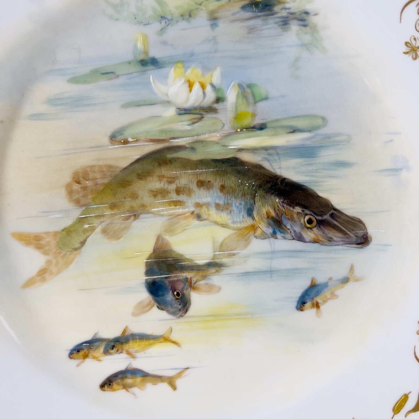 Dresden Ambrosius Lamm Porcelain Hand Painted Fish Dish Plate Gold Gild