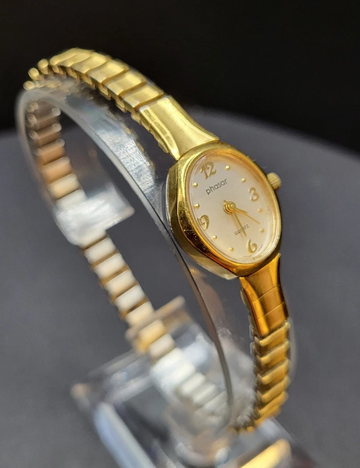 Золотистые винтажные женские кварцевые часы Phasar расширяемый браслет японский механизм - Изображение 3 из 4