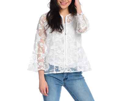 NEW Kate & Mallory Embroidered Woven 3/4 Sleeve Seam Detailed Zip Front Jacket