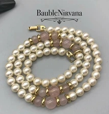 Vintage Napier Single Strand Necklace Shimmering White Pearl&Rose Quartz Beads