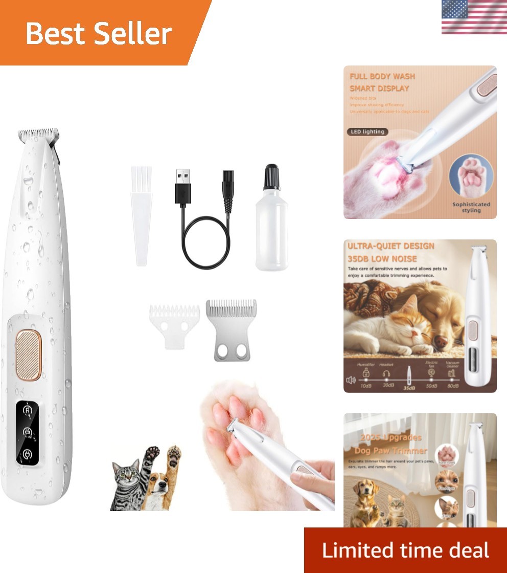 Low Noise Rechargeable Pet Paw Trimmer with LED - Safe Grooming for Dogs & Cats