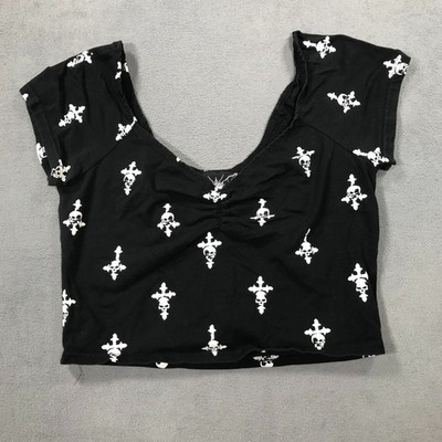 Killstar Cropped Top Shirt Women's Medium Black AOP Cross Skull Goth Emo