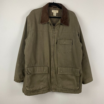 #ad J. CREW Canvas Utility Chore Barn Coat Mens Large Olive Green Leather Collar $49.95