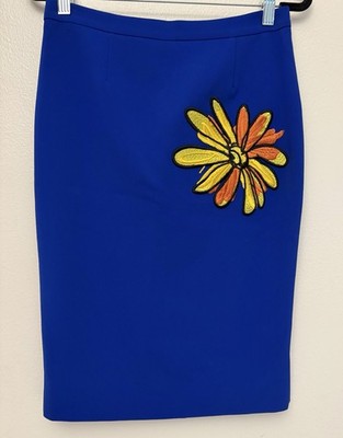 Boutique Moschino Blue Knee Length Straight Skirt Flower Detail Sz 6  Office