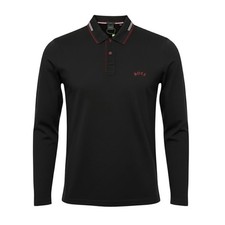 Hugo Boss Long Sleeve Polo Men's Shirt Stripe Collar Rubberised Logo - Slim Fit