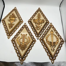 Vtg 1971 Set (4) Homeco Wall Plaques Gold/Cream Diamond Shape MCM