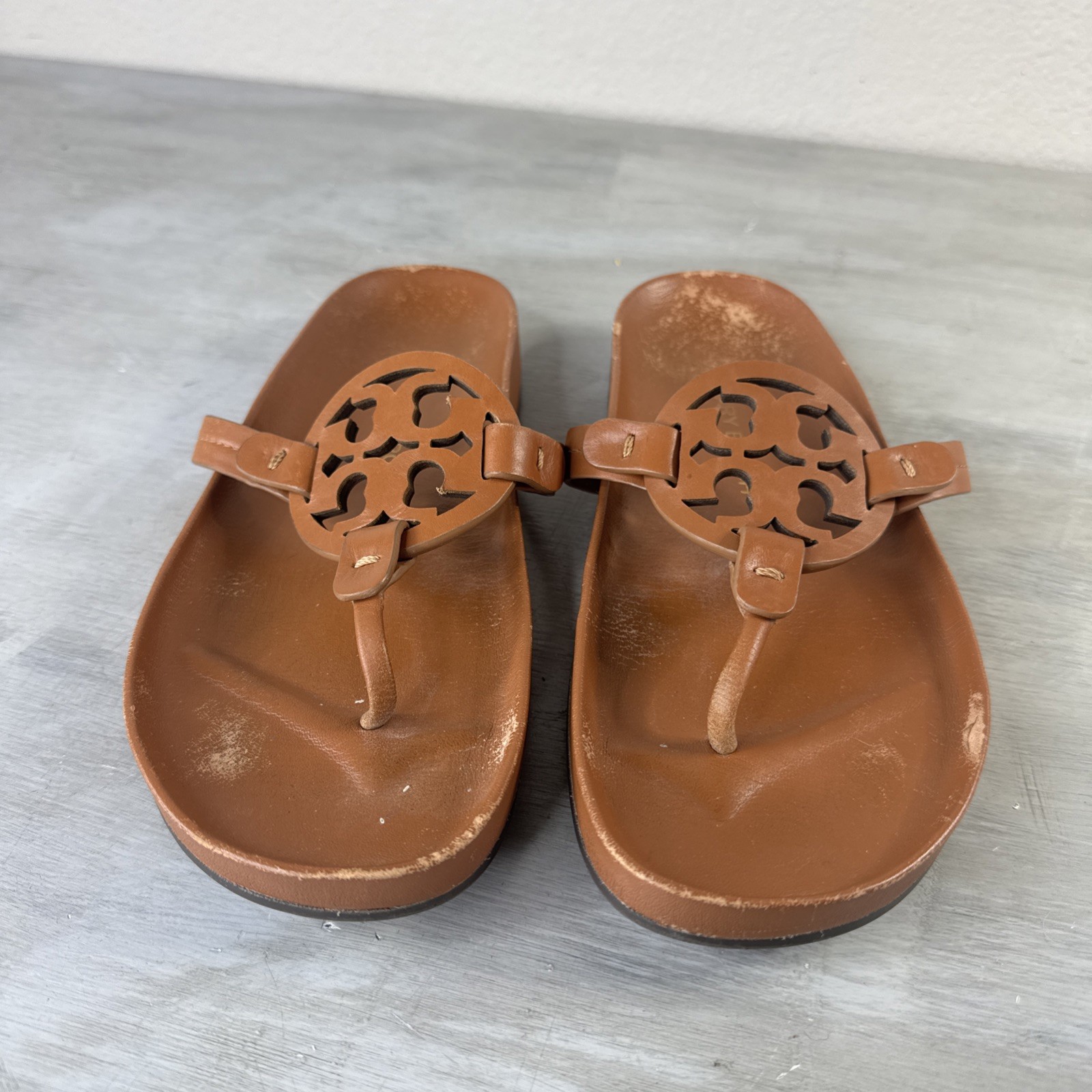 Tory Burch Miller Cloud Thong Sandals Calf Leather Aged Camello Brown Size 8M thumbnail 2