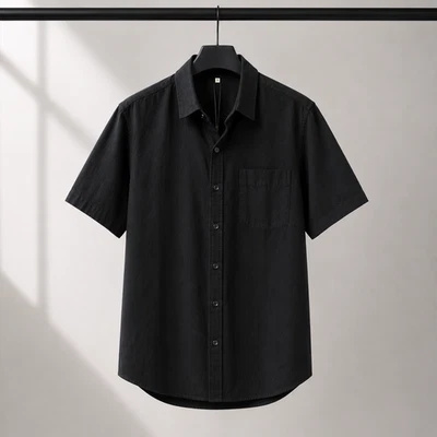 Chemise Homme Noire Lin Coton Manches Courtes Été Légère Casual Chic - Photo 1/4