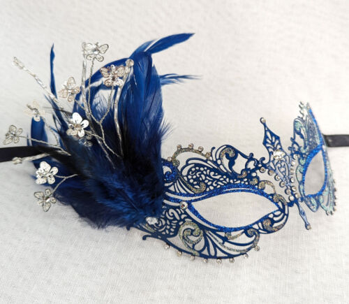 Navy & Blue Metal Masquerade Mask Venetian Feather Party Masque - Picture 5 of 8