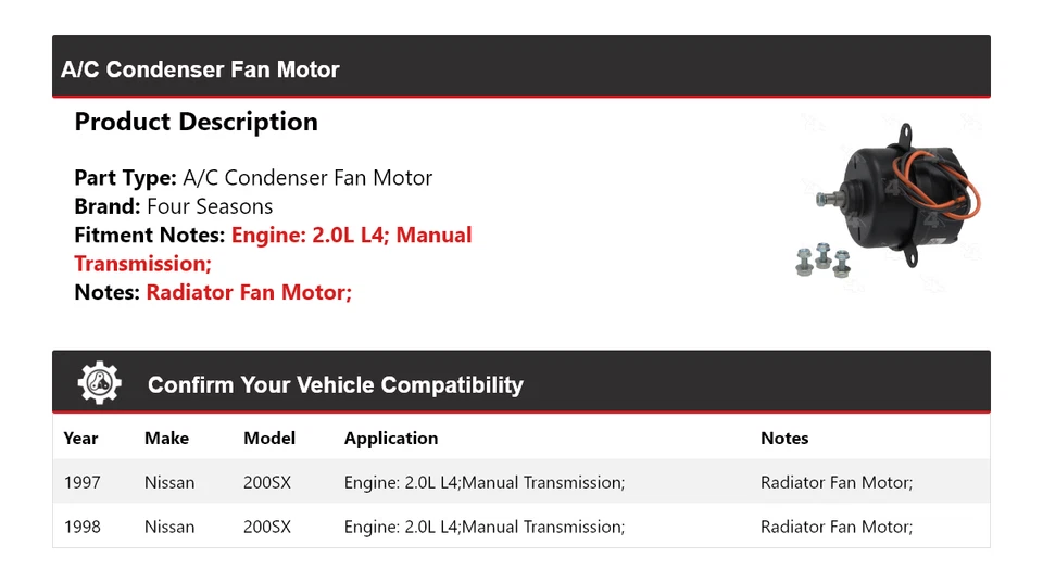 适用于 1997 - 1998 年日产 200SX 2.0L L4 空调冷凝器风扇电机 4 季 — 第 2/4 张图片