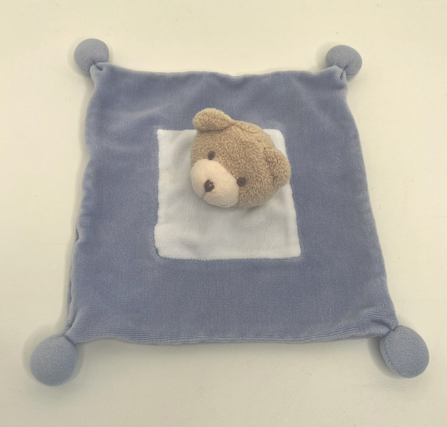 Blue Teddy Bear Head Security Blanket Knotted Ball Corners Organic Cotton Puppet